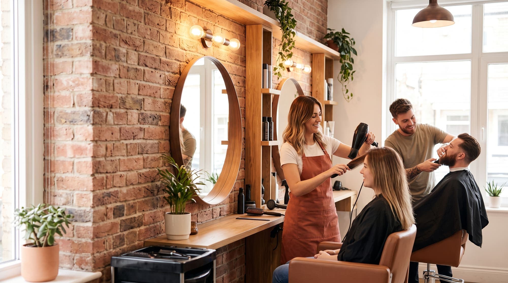 Una estilista peina a una clienta y un barbero atiende a un cliente, lado a lado, en un salón con luz cálida