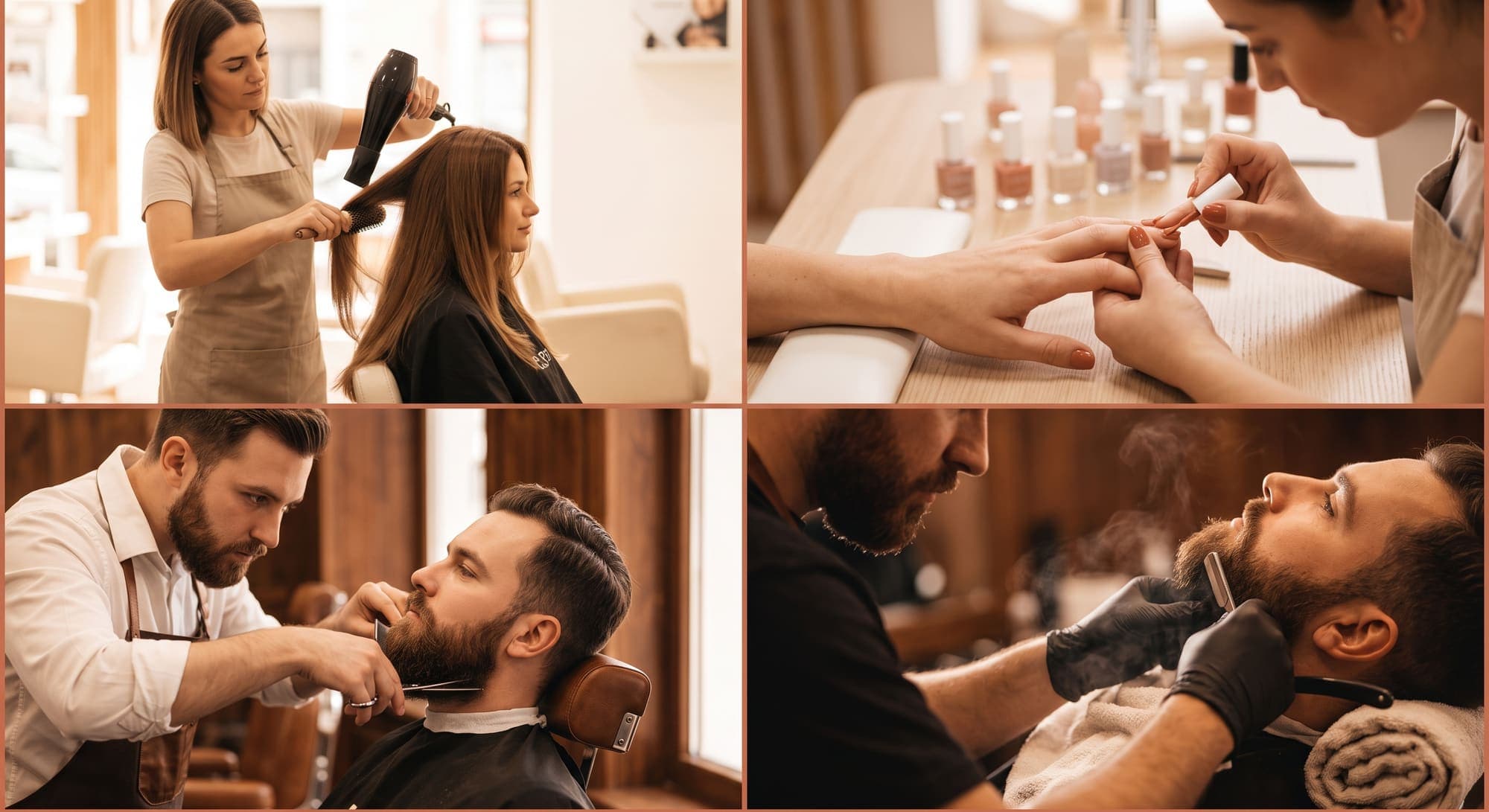 Cuatro escenas: peinado y secado, manicure, corte de barba con tijera, y afeitado clásico con toalla caliente